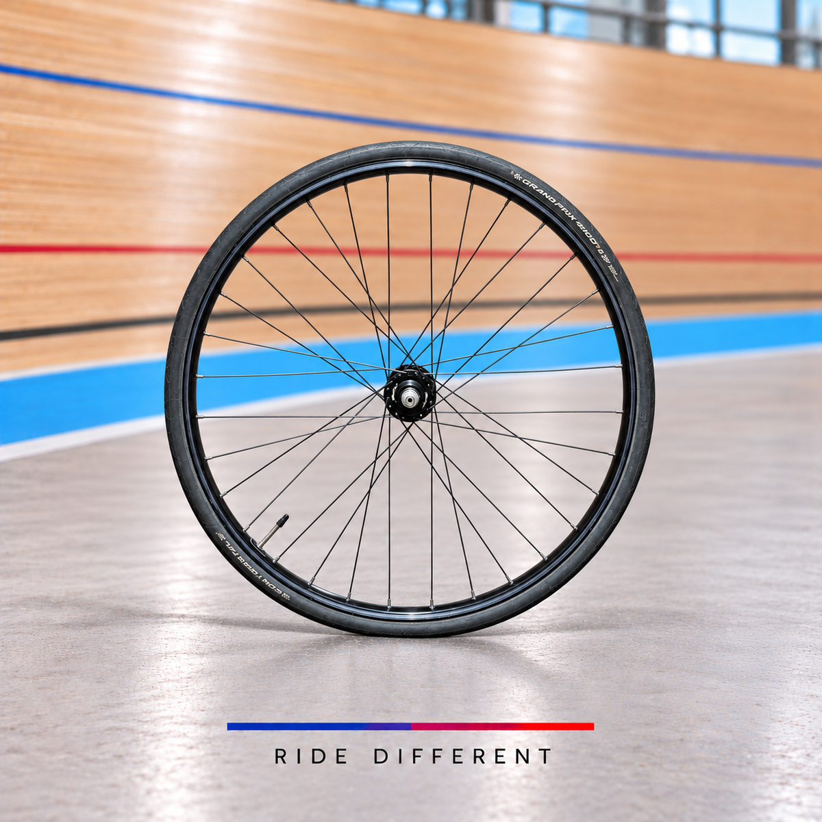 Gran Compe H Plus Son 700c track rear wheel – side view on velodrome background