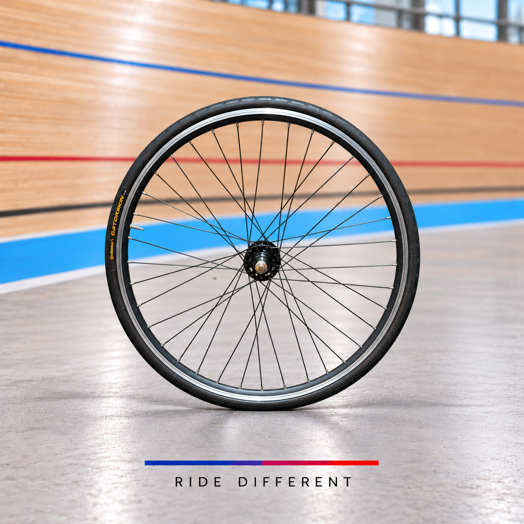 700c clincher fixed gear rear wheel – side view on velodrome background