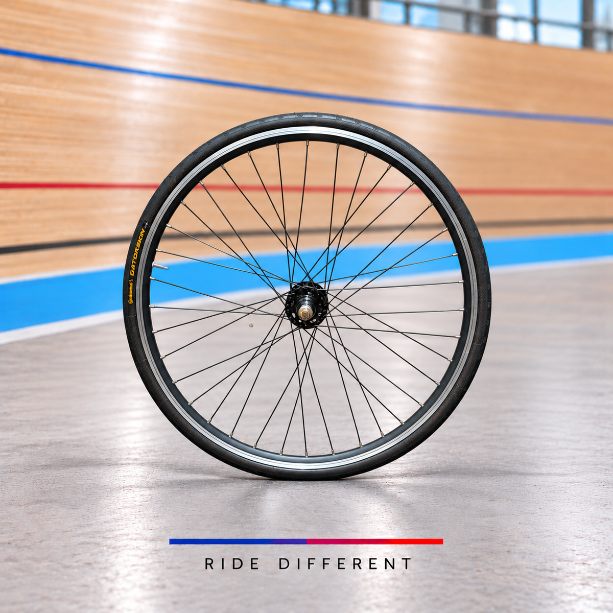 700c clincher fixed gear rear wheel – side view on velodrome background