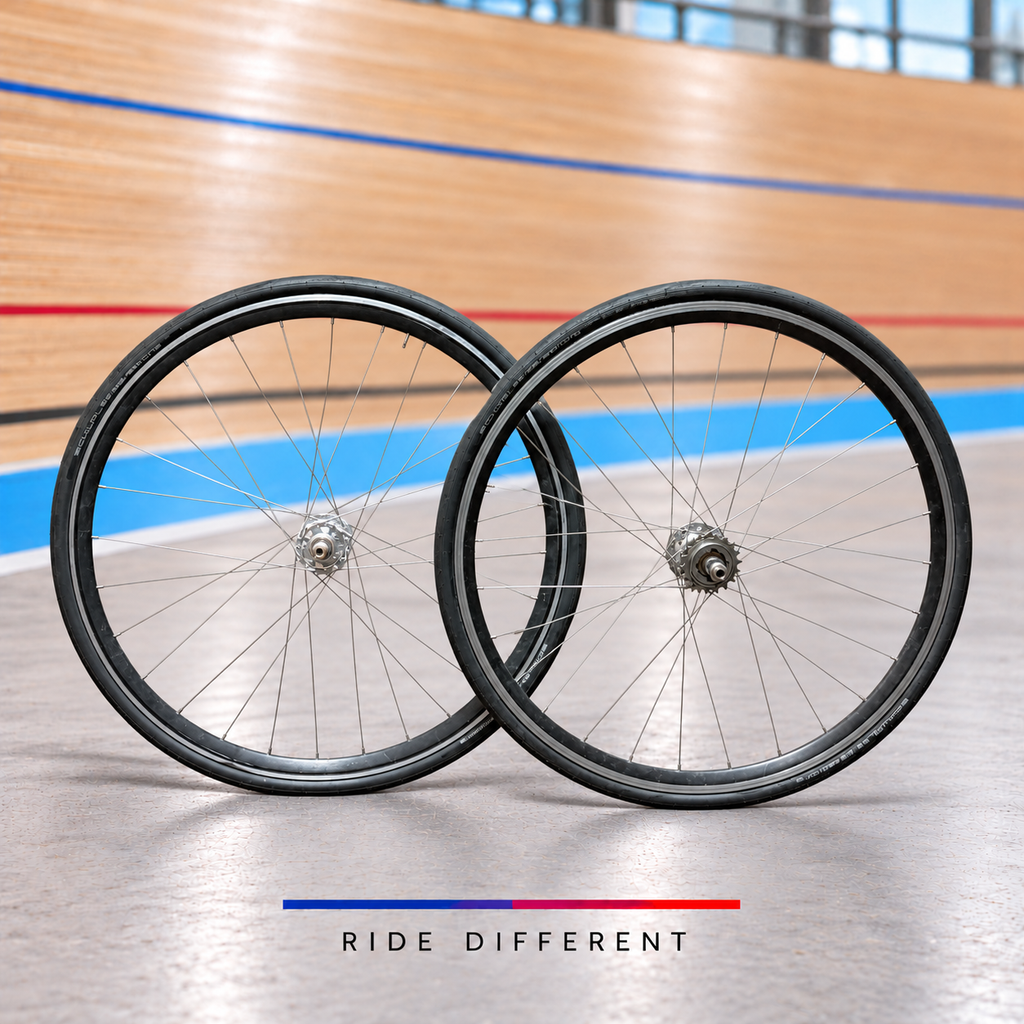 700c single speed clincher wheelset – front and rear wheels on velodrome background