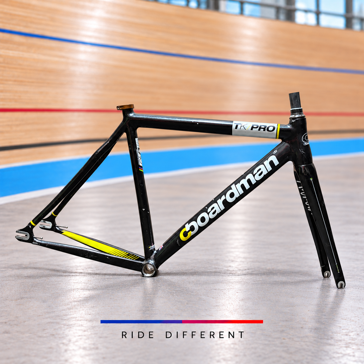 Boardman TK Pro 51cm track frameset – side view on velodrome background