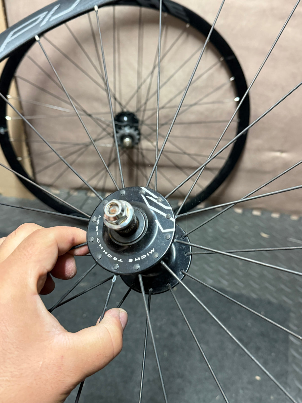 Miche Pistard track hub and axle close-up