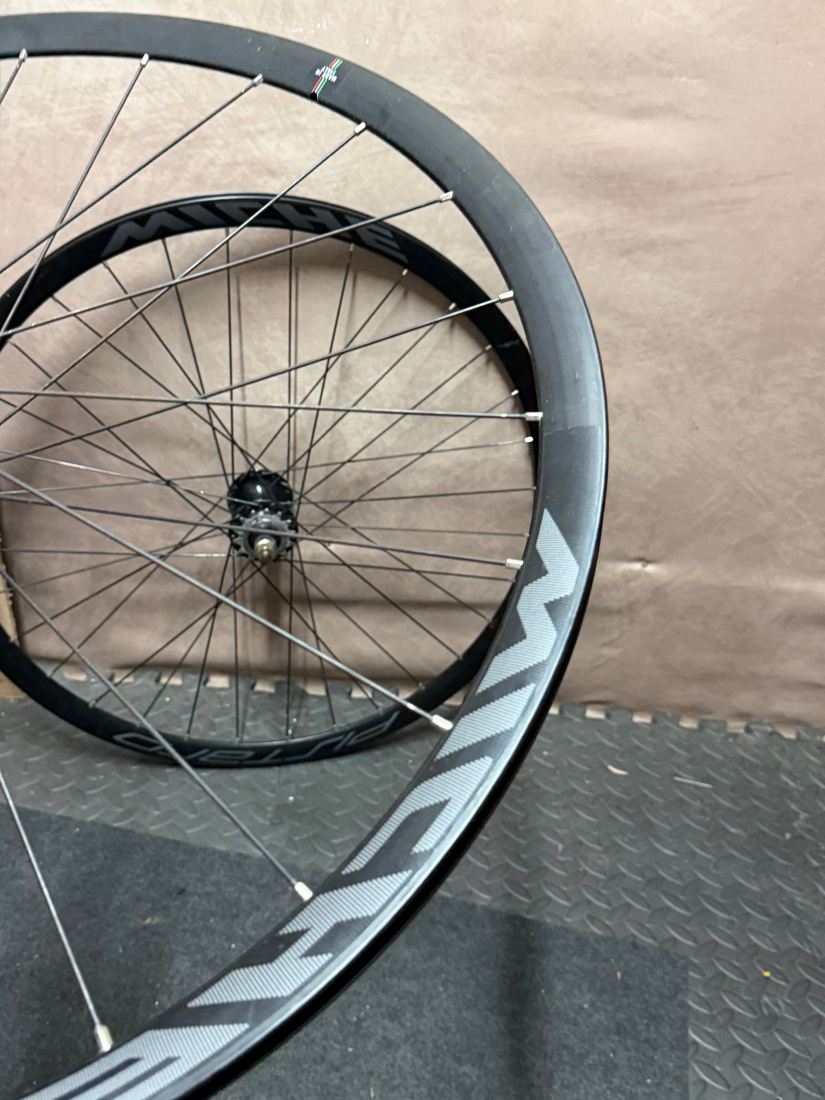 Miche Pistard wheel showing rim graphics and spoke pattern