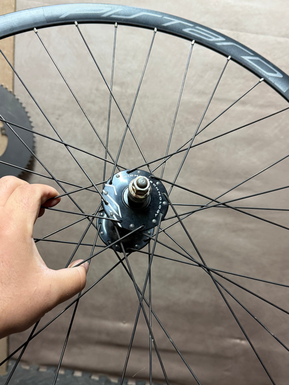 Miche Pistard track hub and axle viewed from the side
