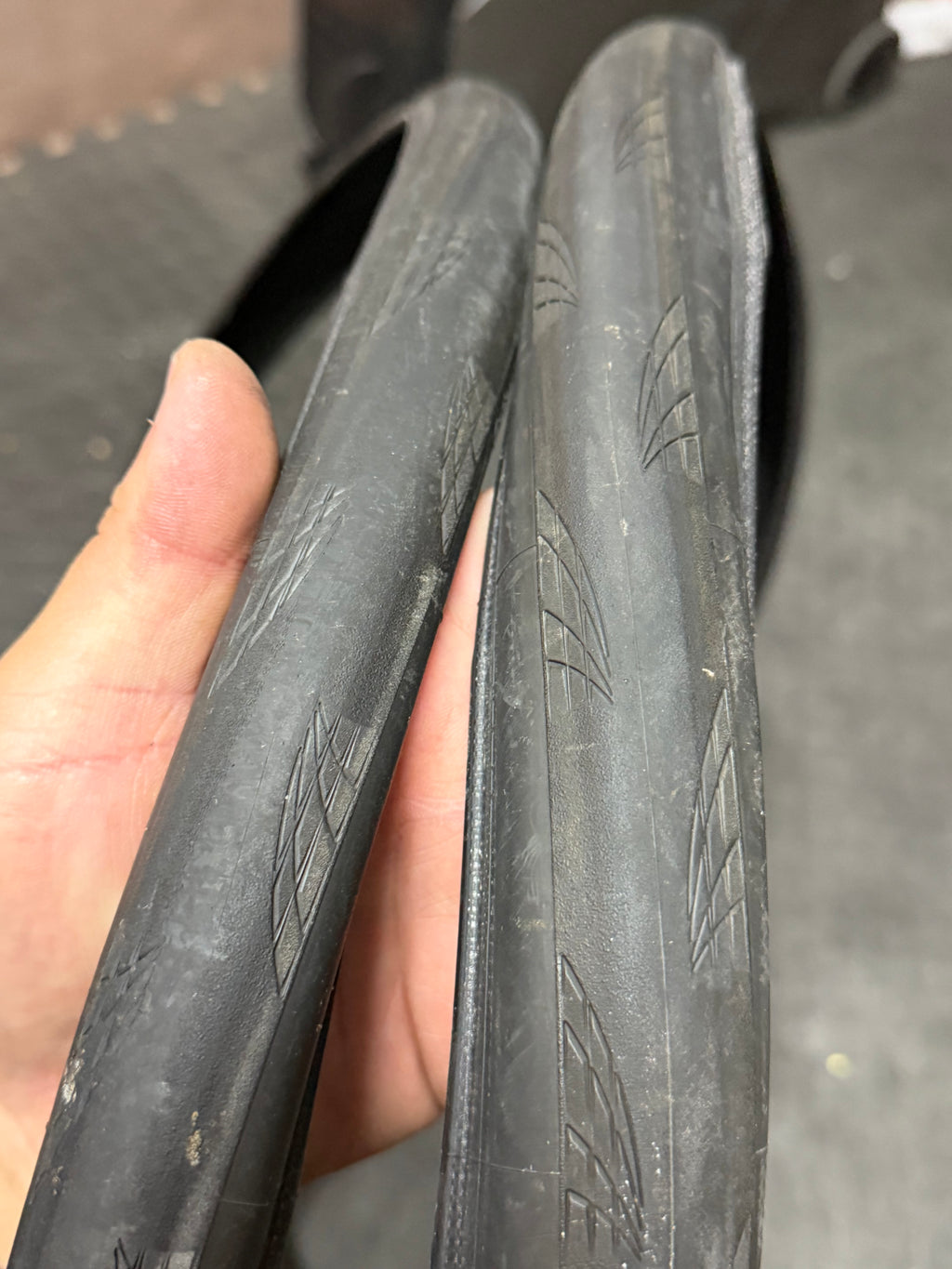 Continental GP5000 tyre pair with tread shown side by side