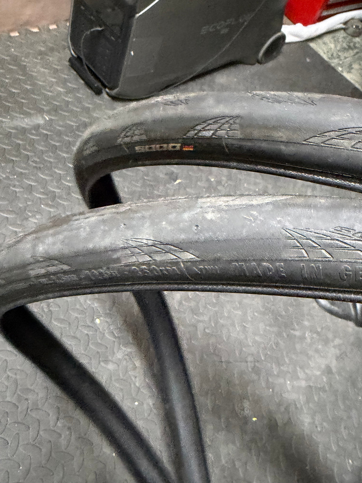 Continental GP5000 road tyres showing tread condition
