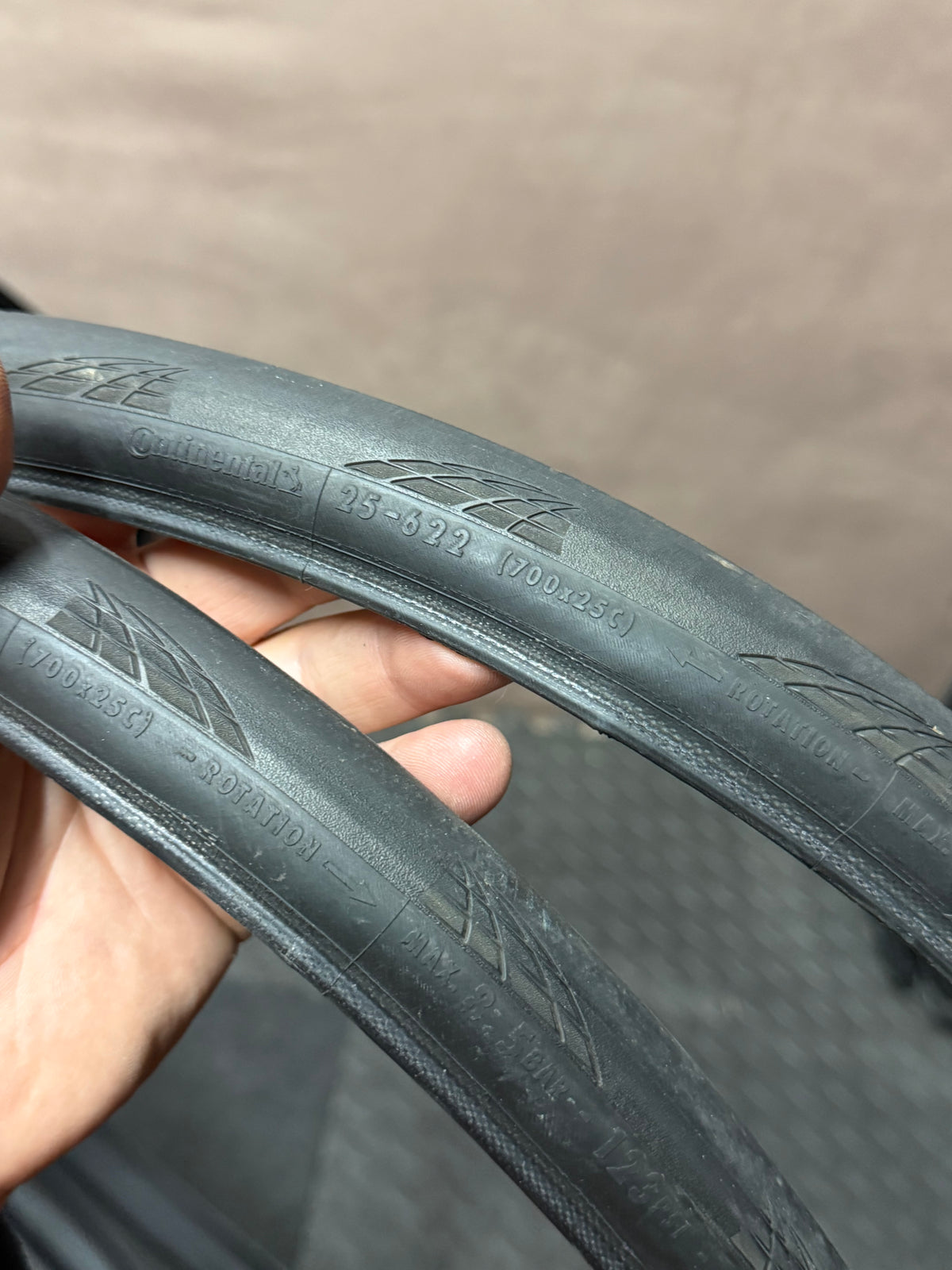 Continental GP5000 tyre pair showing tread surfaces