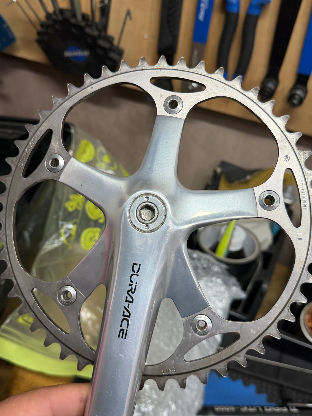 Close-up of Dura-Ace drive-side crank and five-arm chainring