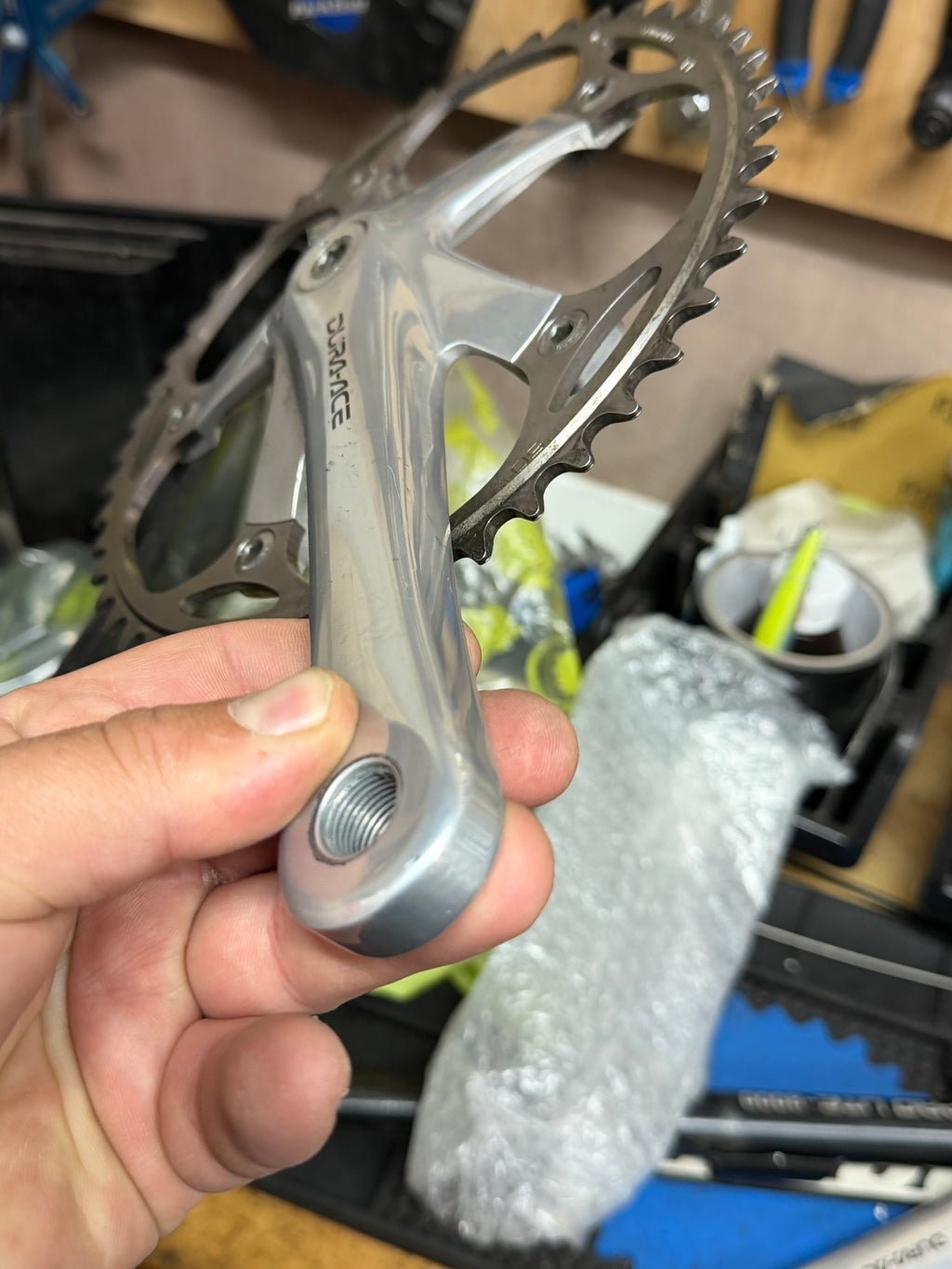 Side profile of Shimano Dura-Ace crank and chainring