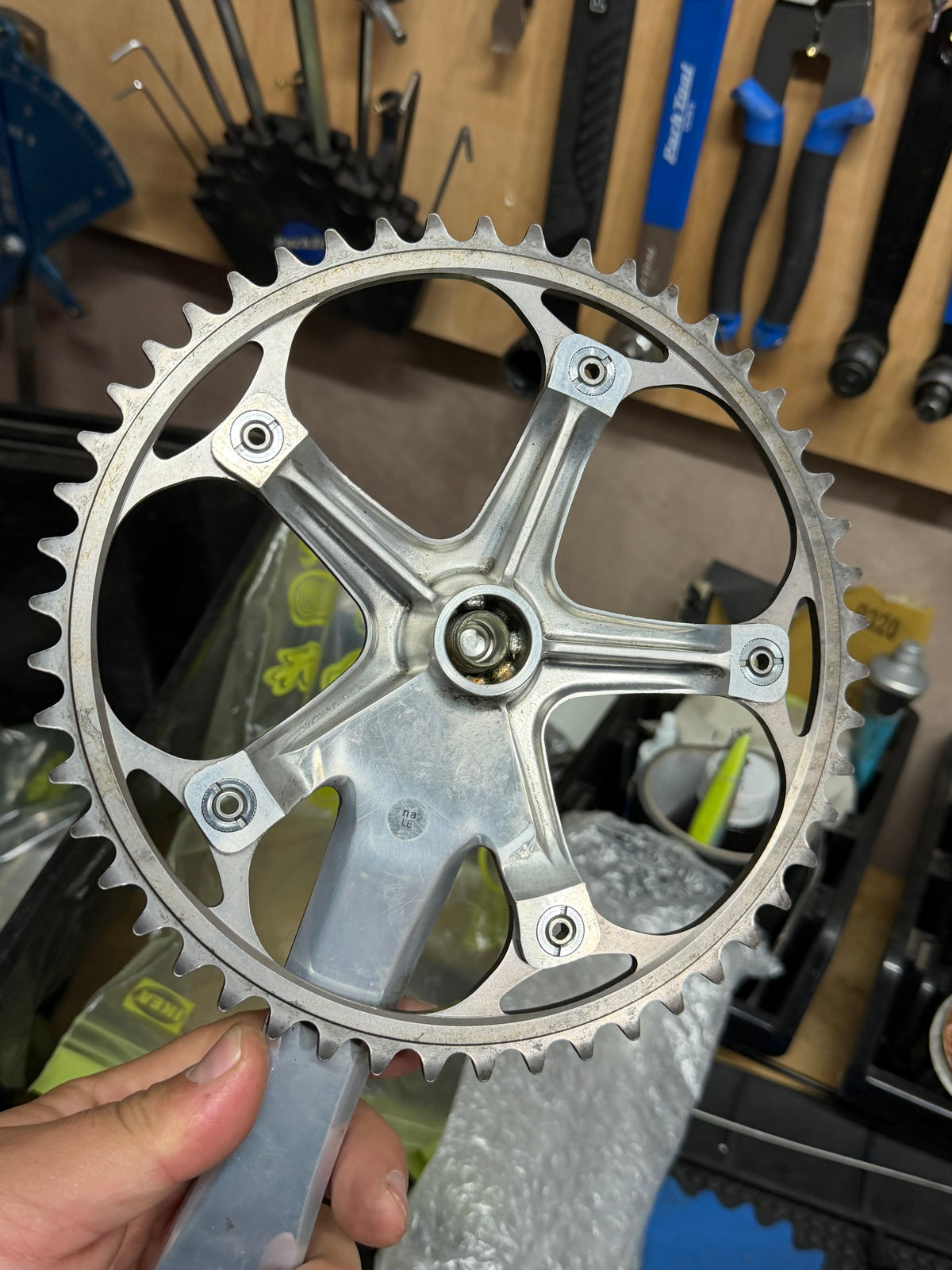 Reverse side of Shimano Dura-Ace chainring and crank spider