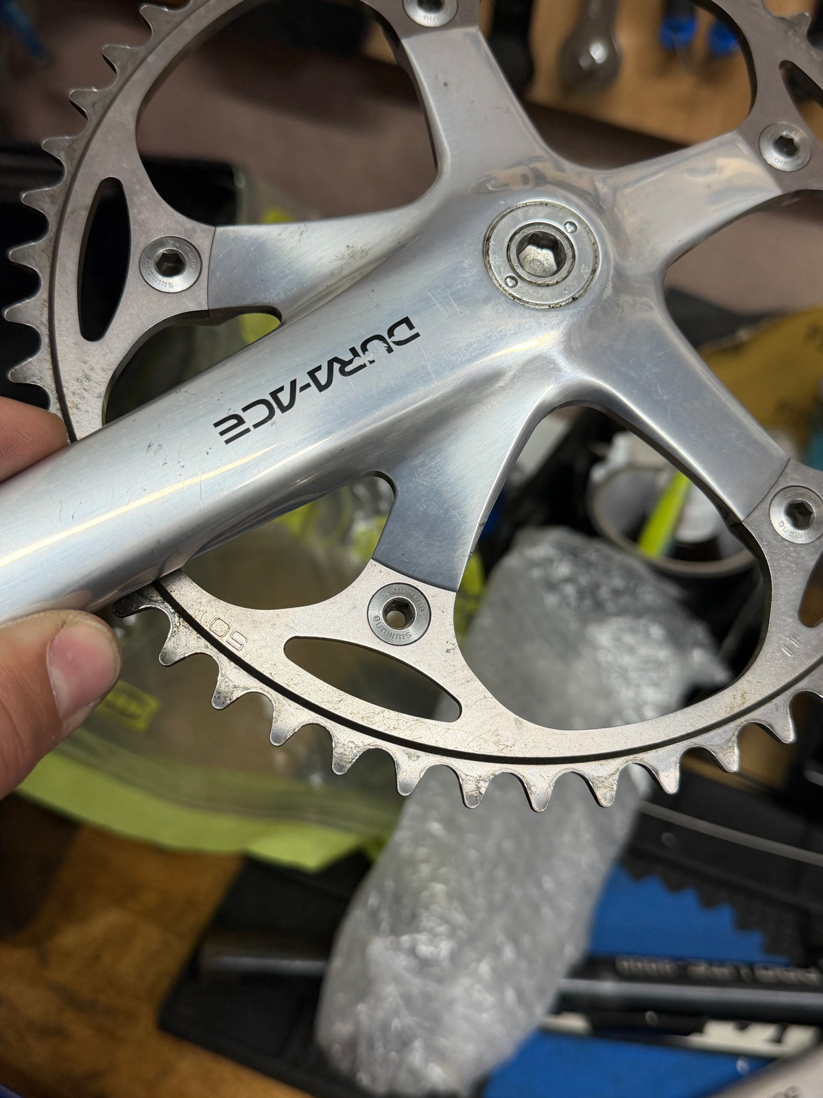 Close-up of Shimano Dura-Ace crank arm and chainring teeth