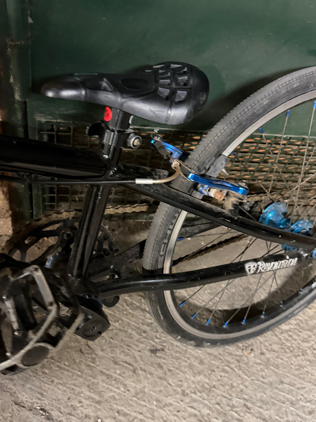 Black saddle and rear brake on Factory Team Bikes BMX