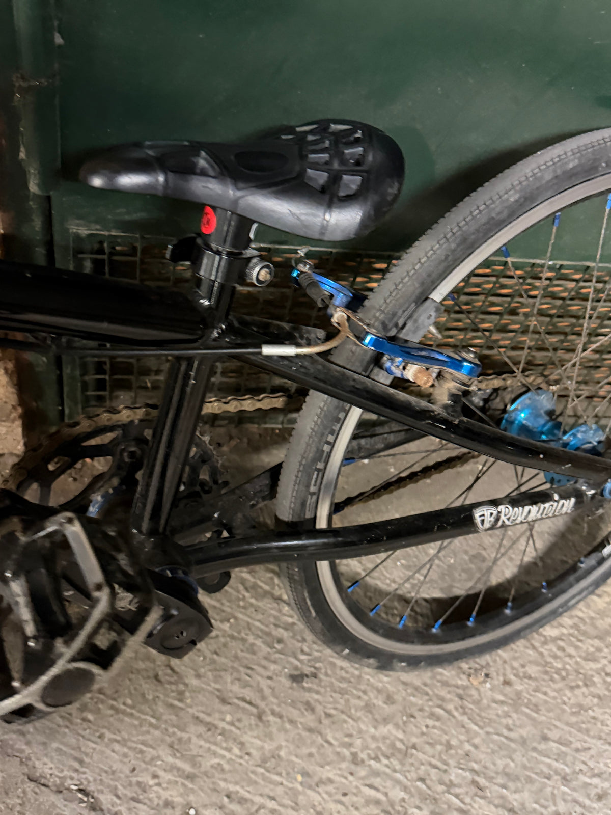 Black saddle and rear brake on Factory Team Bikes BMX