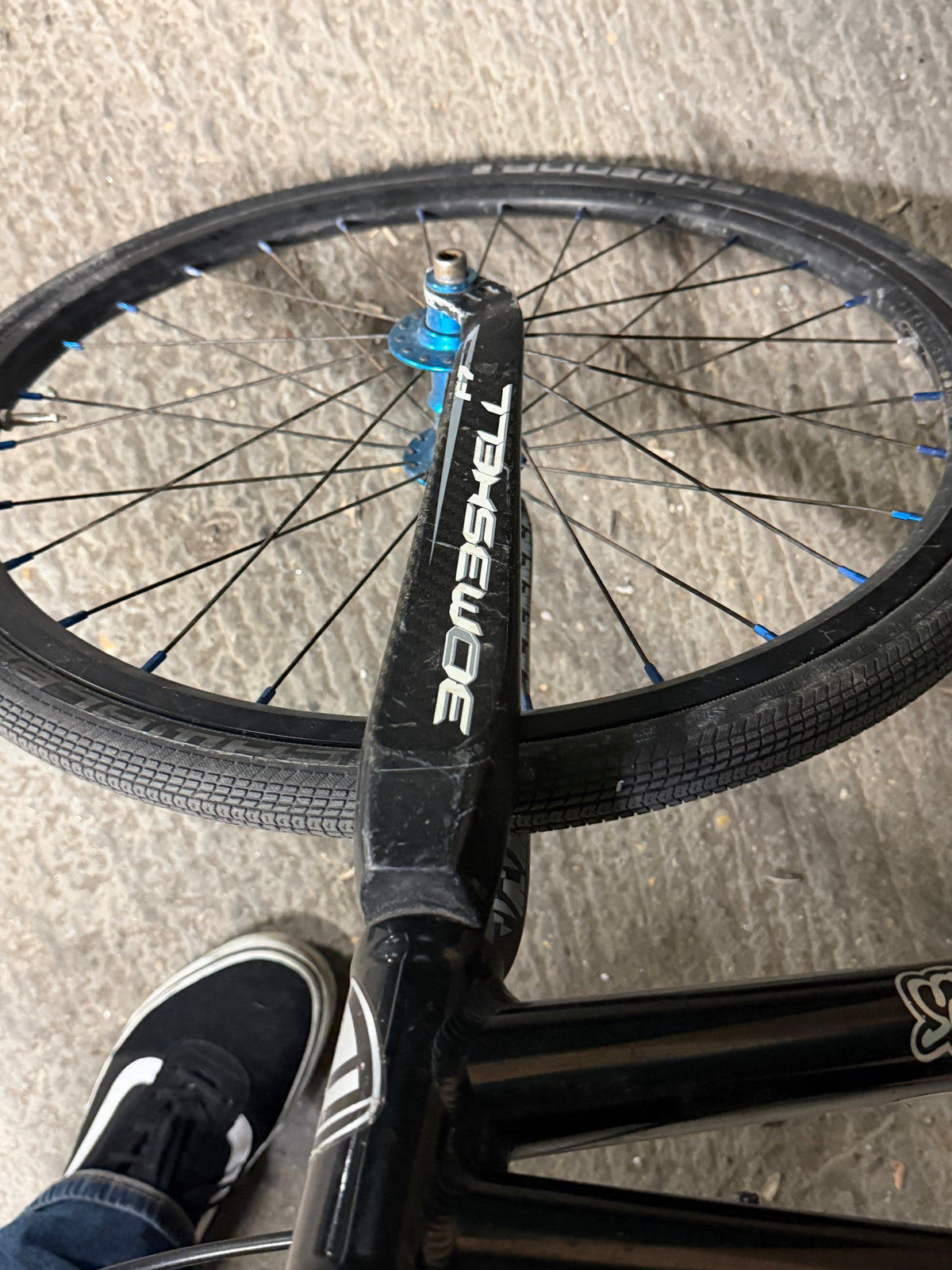 Carbon fork and front wheel of Factory Team Bikes BMX