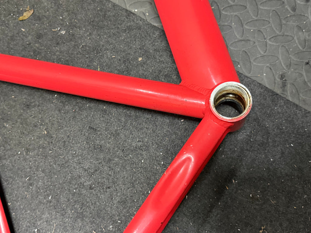 State red aluminium track frameset – underside of bottom bracket area
