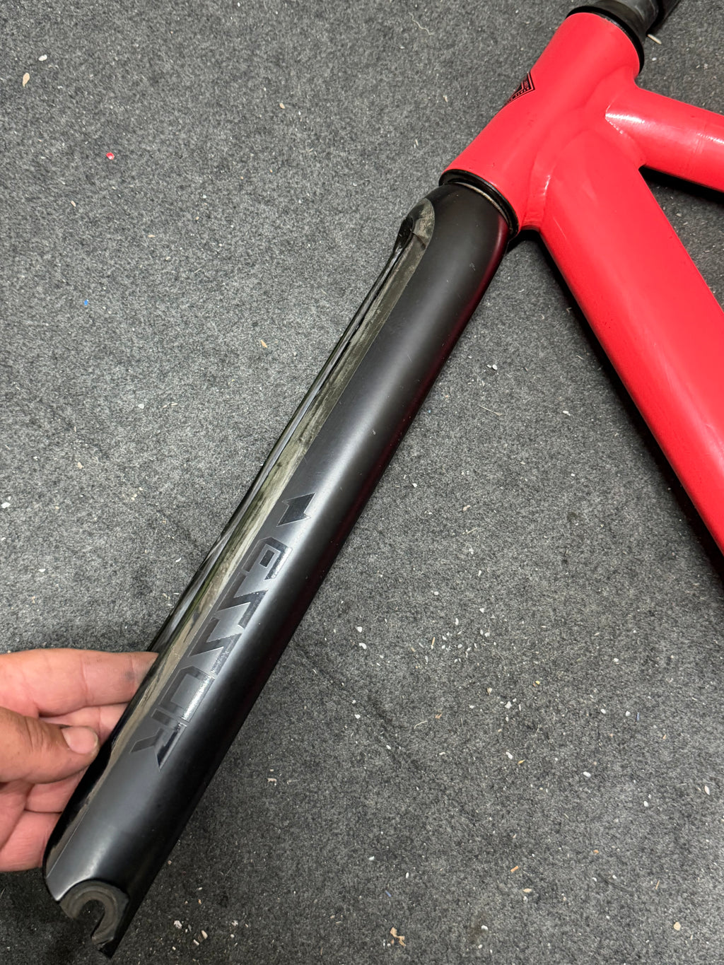 State red aluminium track frameset – angled carbon fork view