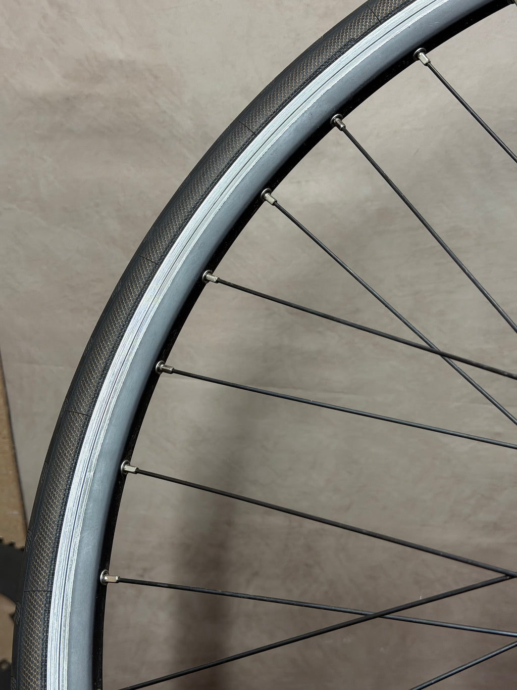 700c clincher fixed gear rear wheel – rim surface viewed at an angle