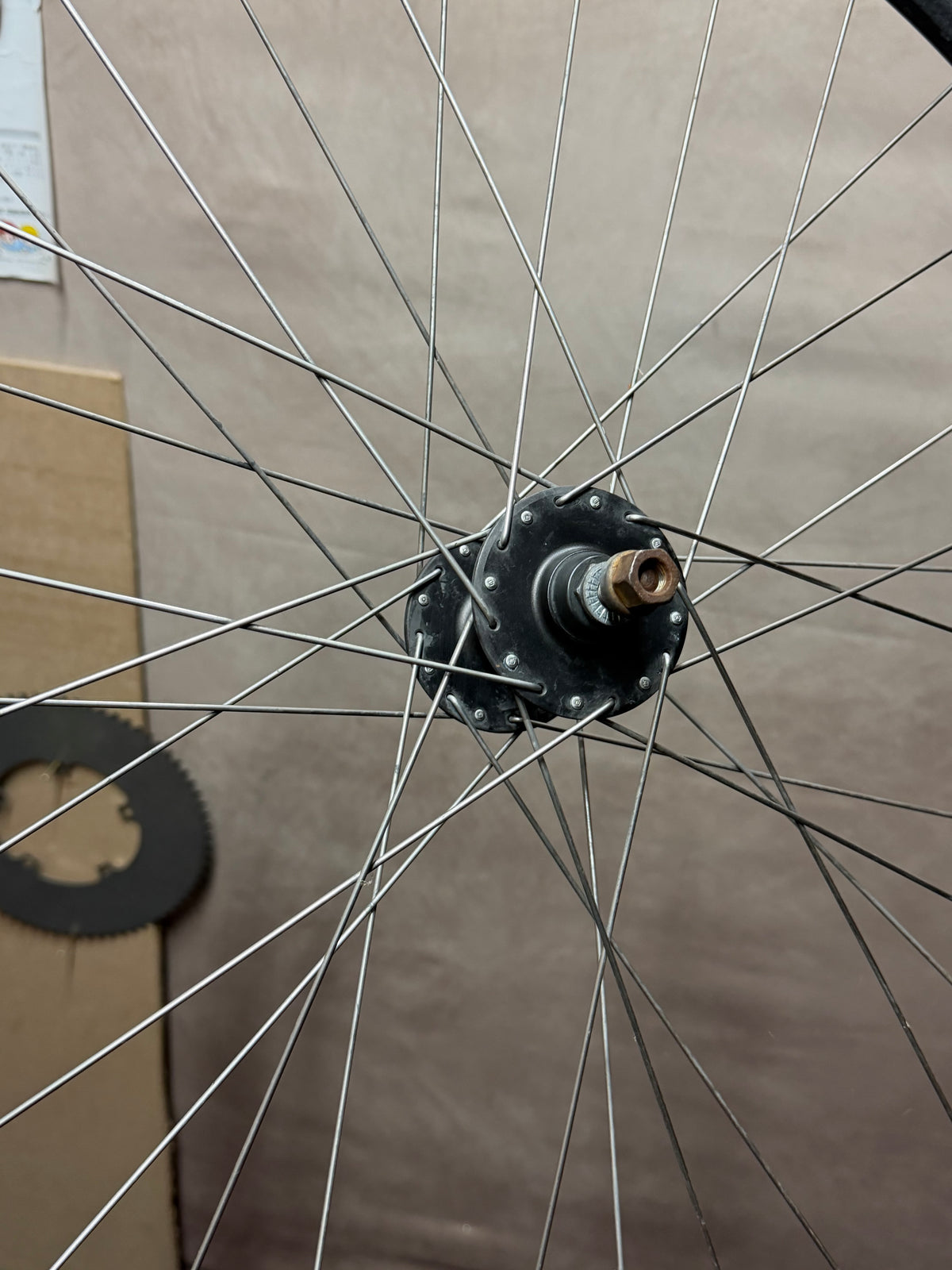 700c clincher track front wheel – front hub viewed through spokes