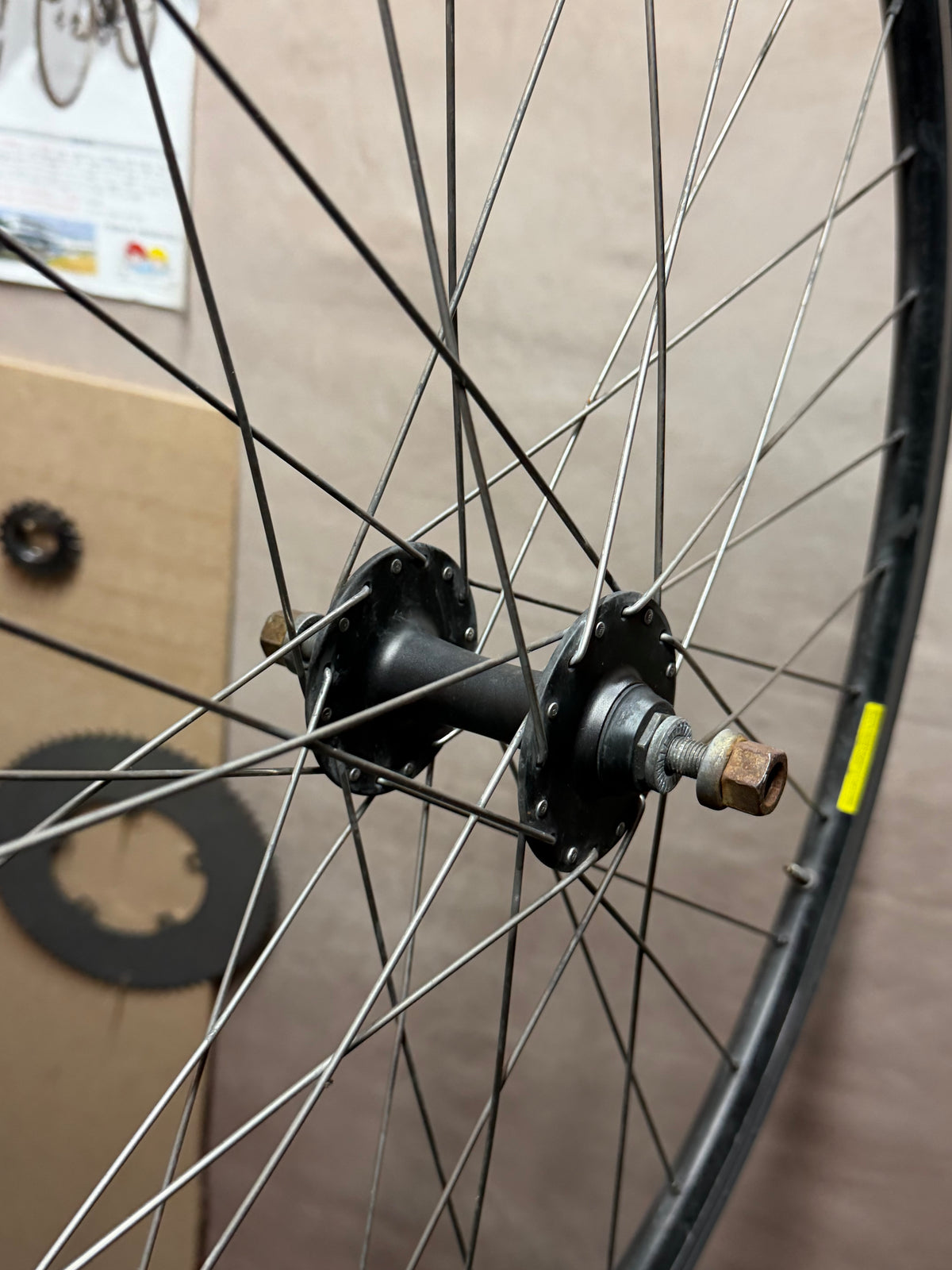700c clincher track front wheel – hub and axle viewed at an angle