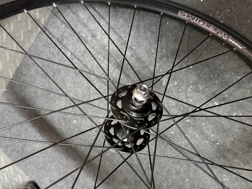 Alexrims 700c clincher track wheelset – black hub viewed from above