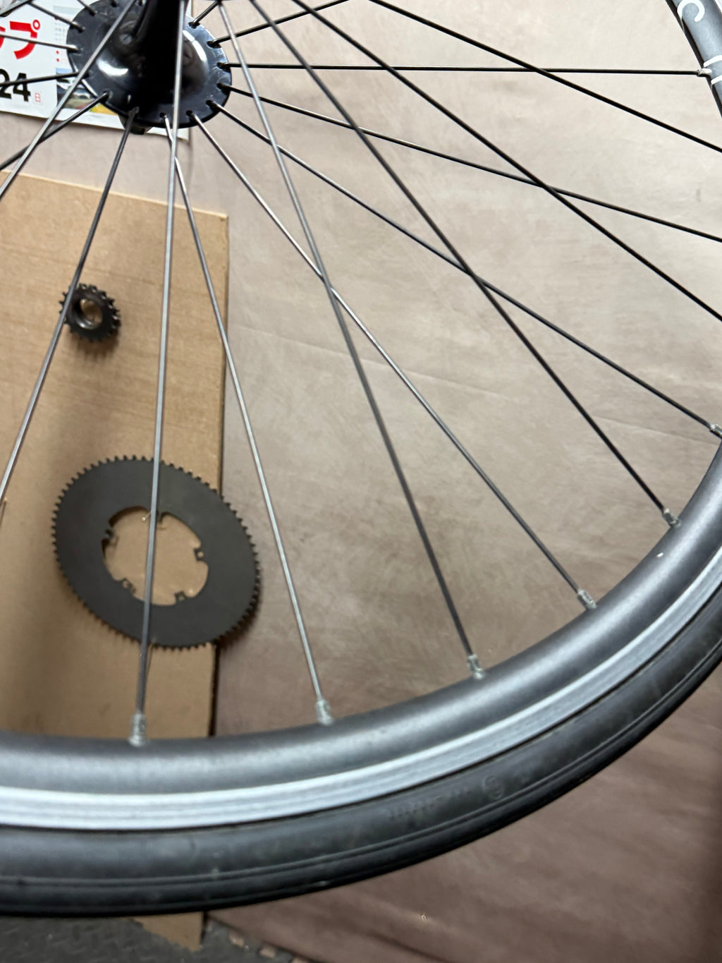 Gran Compe H Plus Son 700c track front wheel – rim and silver spoke detail