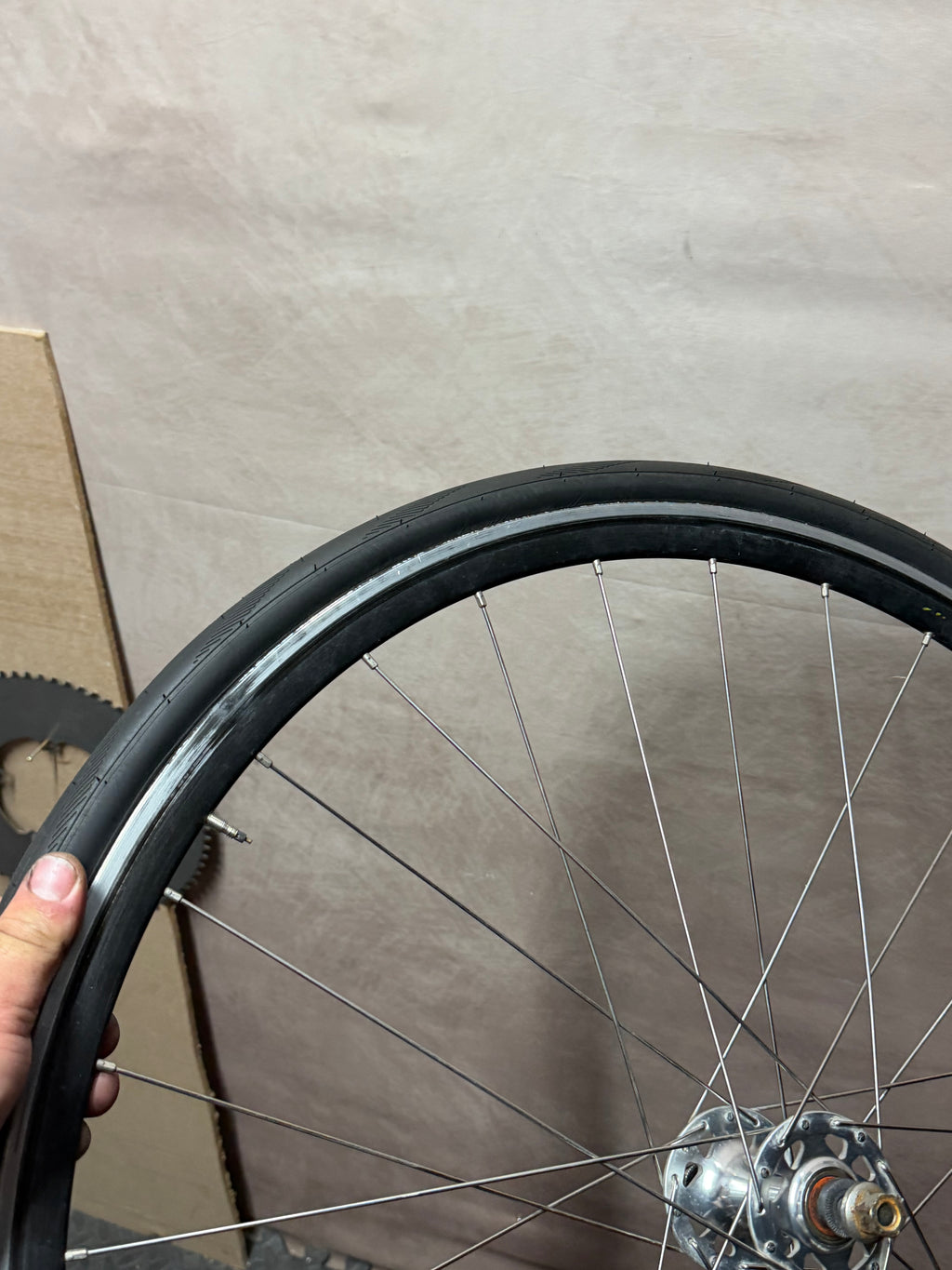 700c single speed clincher wheelset – complete wheel held upright